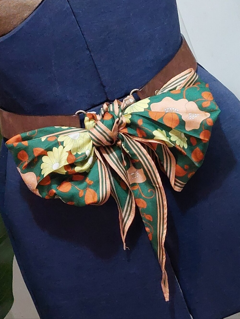 Lucky Penny Green Floral Ribbon Waist Belt with Brown Band Size Medium/large
